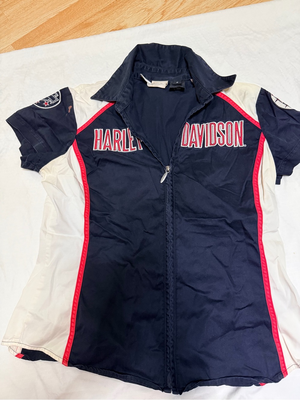 Harley-Davidson Navy, White & Red Racing Zip Short Sleeve Top